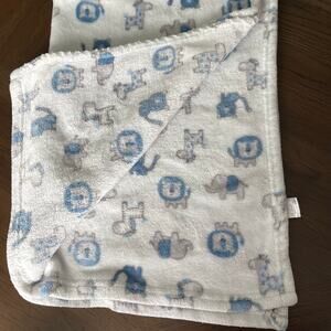Zoo Animal Blue White Baby Blanket Giraffe Lion Elephant Zebra RN 36753 Allura